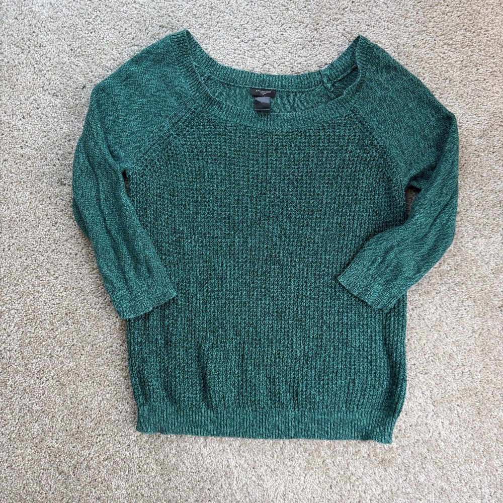 Ann Taylor Sweater Womens Small Green Scoop Neck Waffle-Knit 3/4 Sleeve Pullover